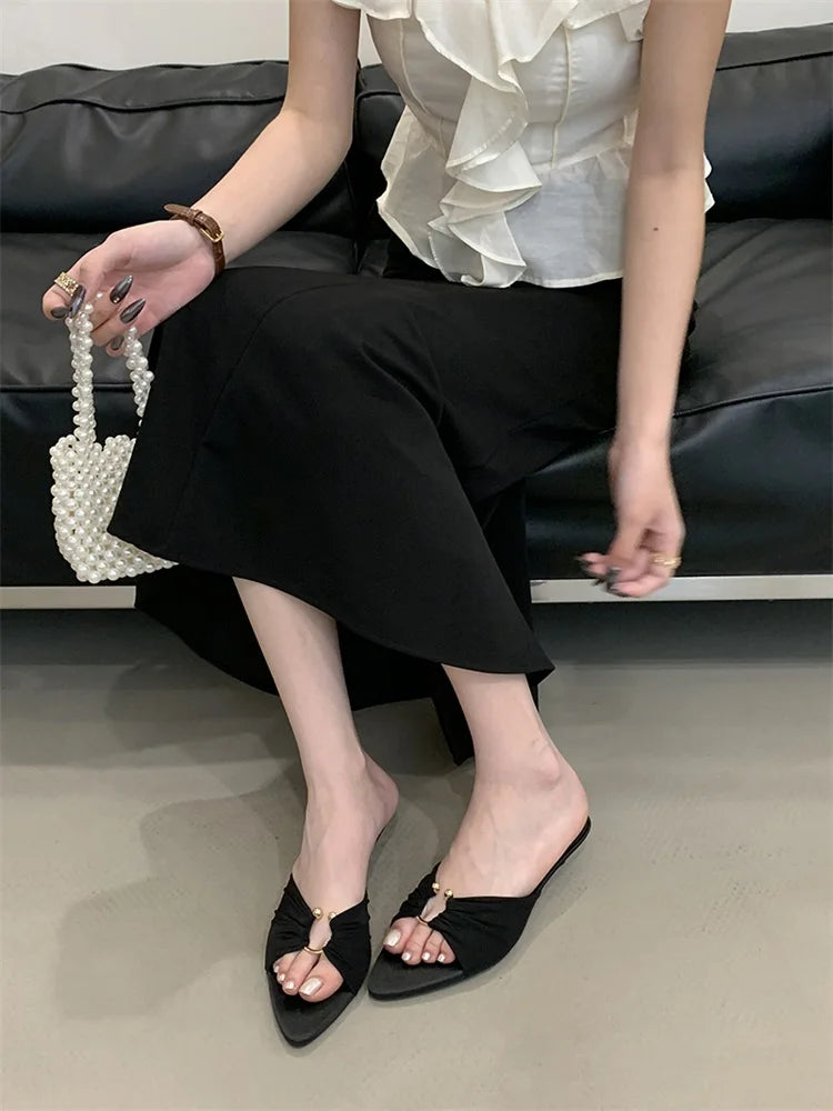 Eilyken New Design Pleated Hollow Out Thin Low Heels Women Slippers Fashion Pointed Toe Party Dress Female Summer Shoes