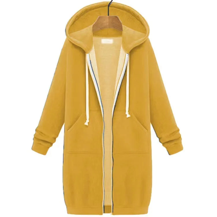 Autumn Winter Women's Hooded Long Sleeve Mid-Length Sweatshirt Fleece Jacket Comfortable Casual Style Polyester Fabric