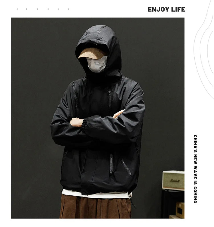 Japanese Windbreakers Men's Jacket Zipper Coat Cargo Waterproof Jackets Bomber Camping Loose Thin Softshell Hooded Hiking Jacket
