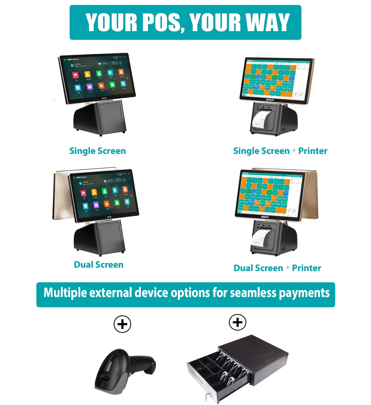 S300 Dual Touch Screen All In One Pos Systems With Printer For Fast Food Restaurant Windows Cash Register Machine