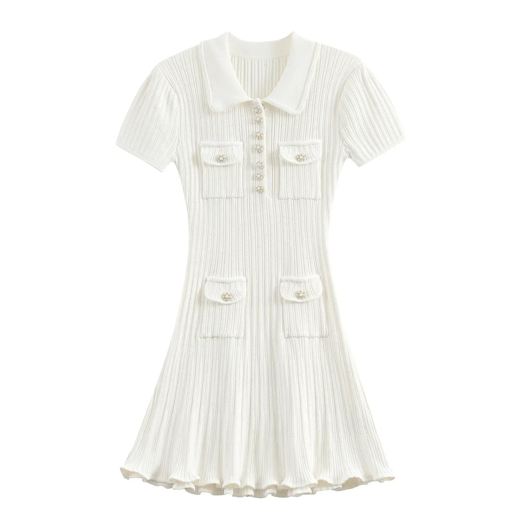 Brand Designer Polo Knitted Dress Women Summer Short Sleeve Single Breasted Flower Button Knitting Sweater Mini Dresses