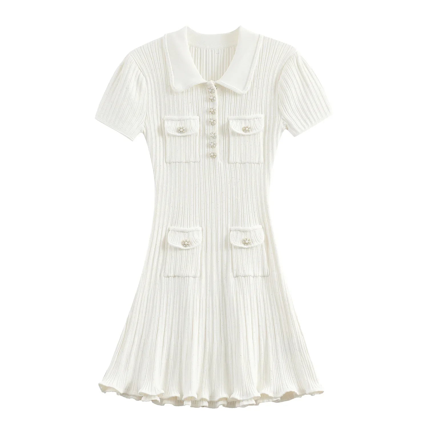 Brand Designer Polo Knitted Dress Women Summer Short Sleeve Single Breasted Flower Button Knitting Sweater Mini Dresses