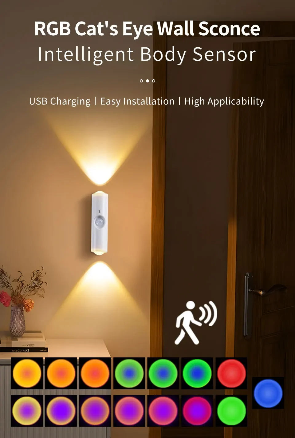 Magnetic LED Wall Lamp RGB Sunset Lamp Rechargeable Night Light with Motion Sensor for Stairs Cabinet Hallway Bedroom Room Decor