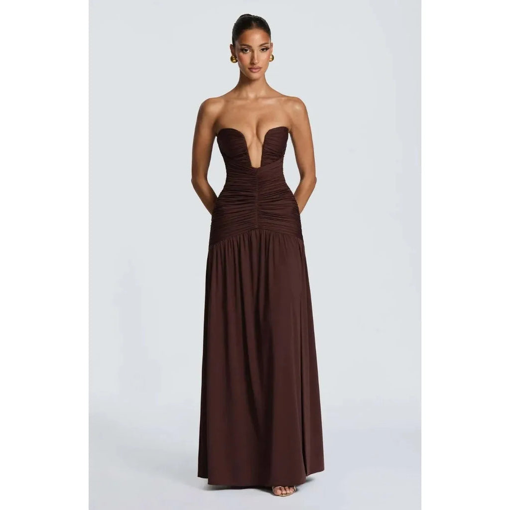 Women's Strapless Pleated High Slit Long Skirt Sexy Pure Color mid Waist Polyester Fiber V-neck Sleeveless Slim Fit Dress