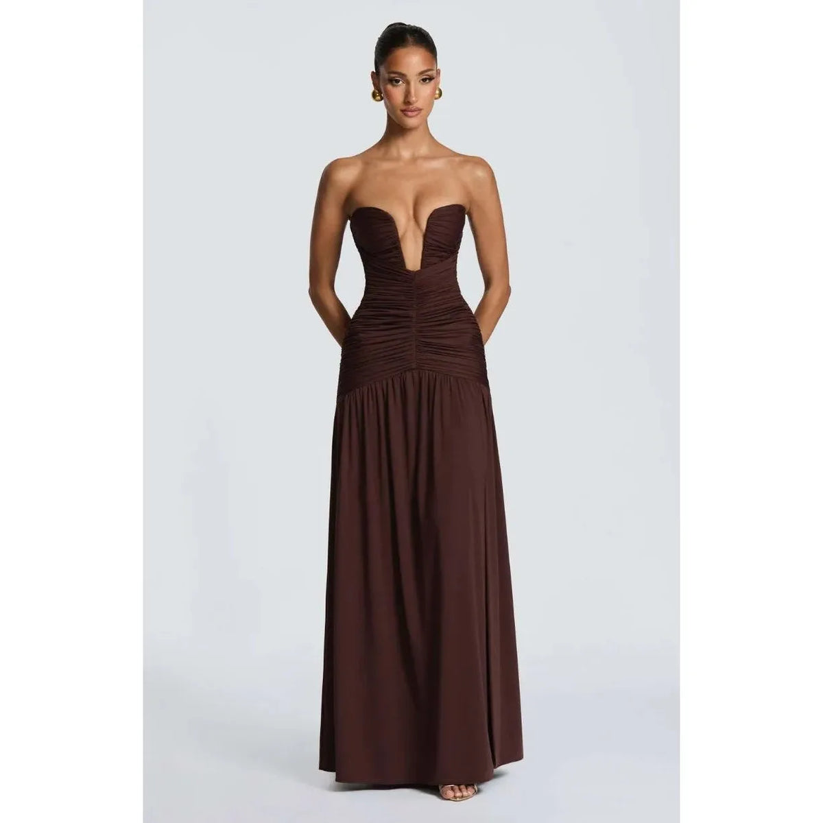 Women's Strapless Pleated High Slit Long Skirt Sexy Pure Color mid Waist Polyester Fiber V-neck Sleeveless Slim Fit Dress