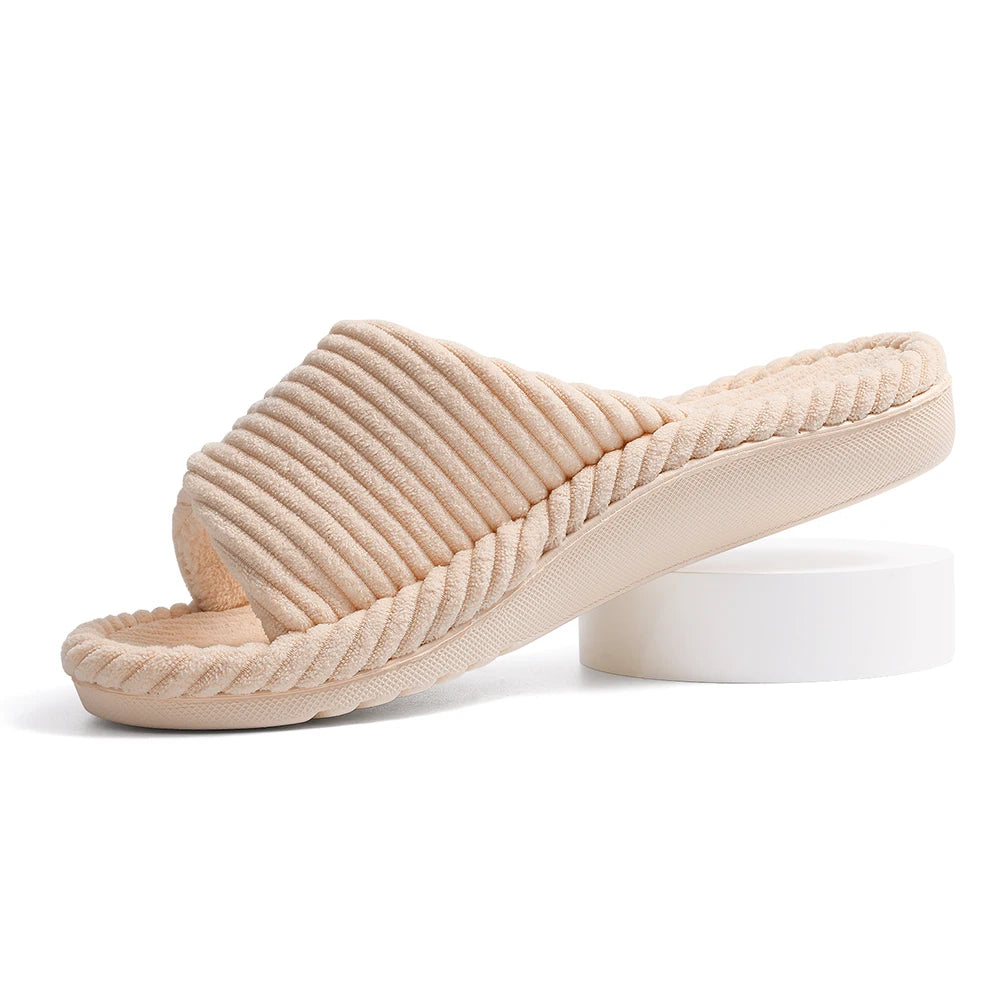 Smile Popcorn Adjustable Corduroy Slippers Women Open Toe Soft Plush Non‑Slip Indoor Bedroom House Slides