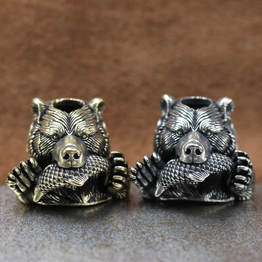 Bear With Salmon Brass Knife Beads EDC DIY Paracord Woven Bracelets Lanyard Pendants Accessories Outdoor Tools Hangings Charms