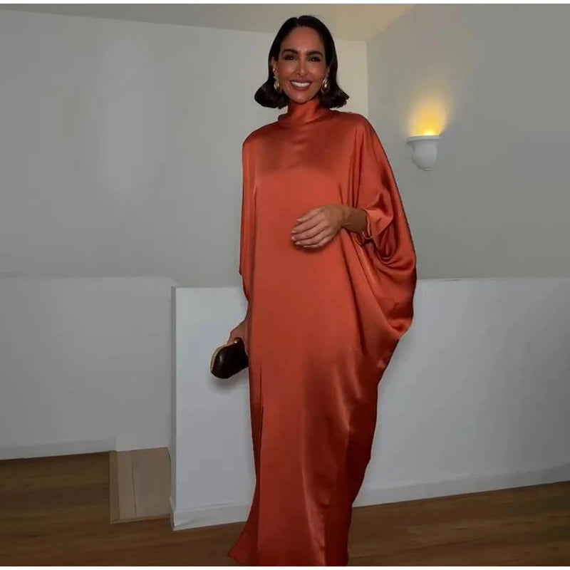 Women Solid Satin Maxi Dress High Neck Batwing Sleeve Loose Fit Front Slit Dresses Lady 2026 Summer Elegant Evening Party Outfit