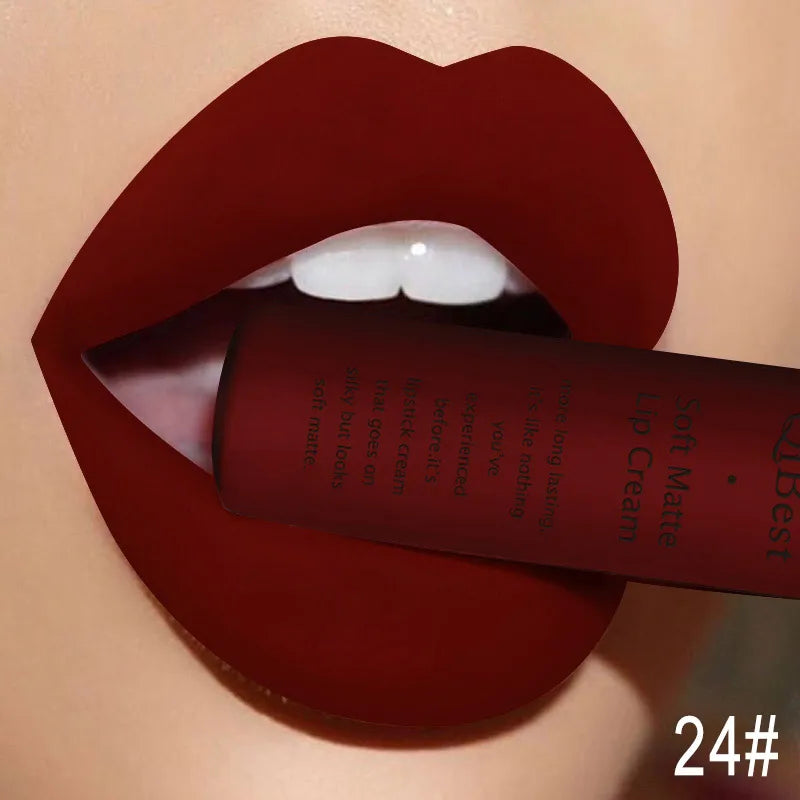 QIBEST Velvet Matte Nude Liquid Lipstick Makeup Sexy Red Lipgloss Waterproof Long-lasting Purple Black Orange Lip Stain Cosmetic