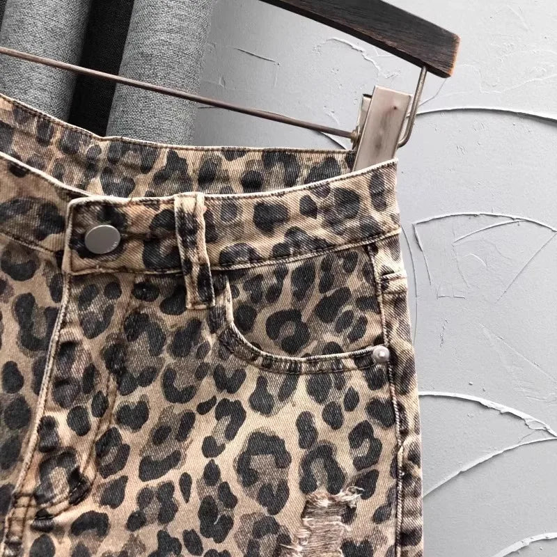 Personalized Leopard Print High Waist Denim Shorts Women's Summer Fashion A Word Rough Edge Wide Leg Jeans Hot Pants