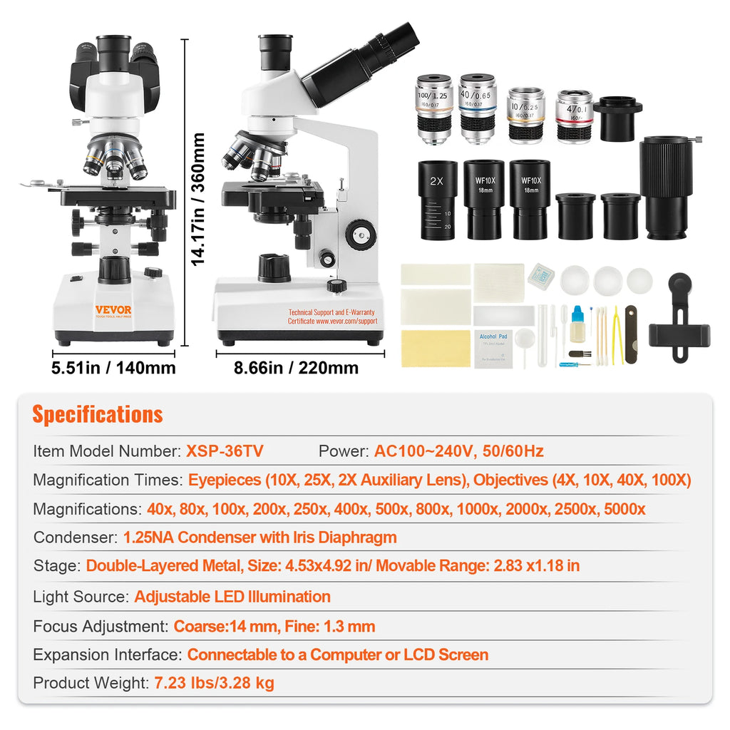 SucceBuy Compound Trinocular Microscope 40X-2500/40X-5000X Magnification Lab Microscope w/ LED Illumination & External Interface