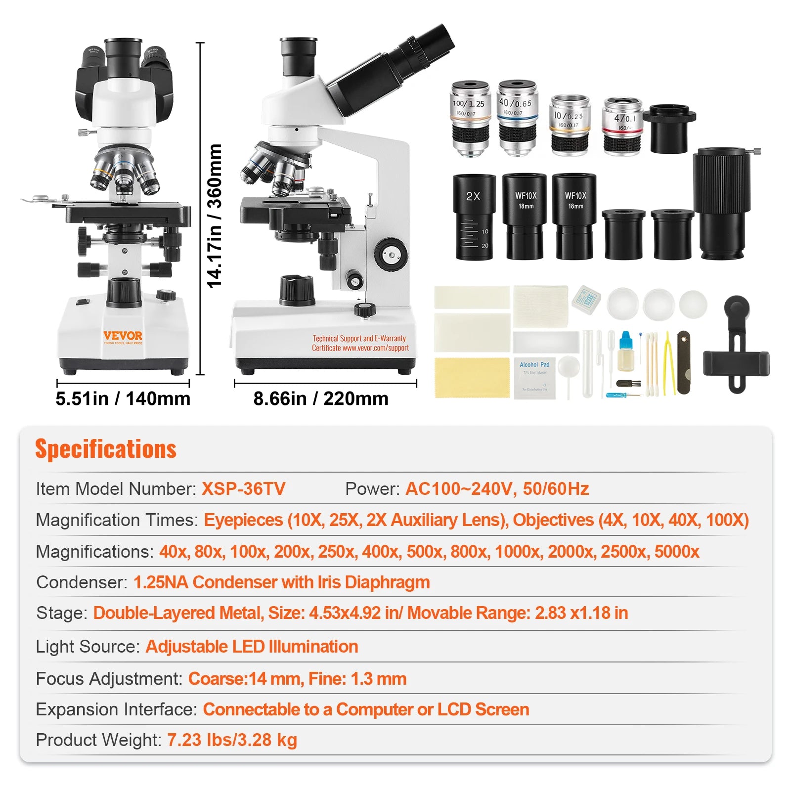 SucceBuy Compound Trinocular Microscope 40X-2500/40X-5000X Magnification Lab Microscope w/ LED Illumination & External Interface