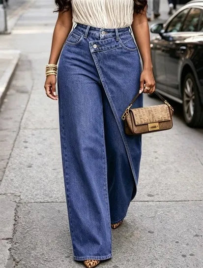 2026 New Women High Waist Wide Leg Jeans Asymmetrical Wrap Front Design Loose Straight Denim Pants Casual Office Wear Trousers