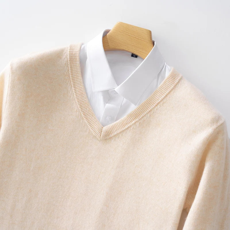 100% Merino Wool Men's V-Neck Pullover Autumn and Winter Basic Knit Versatile Sweater Casual Long Sleeve Shirt Cashmere Man Top