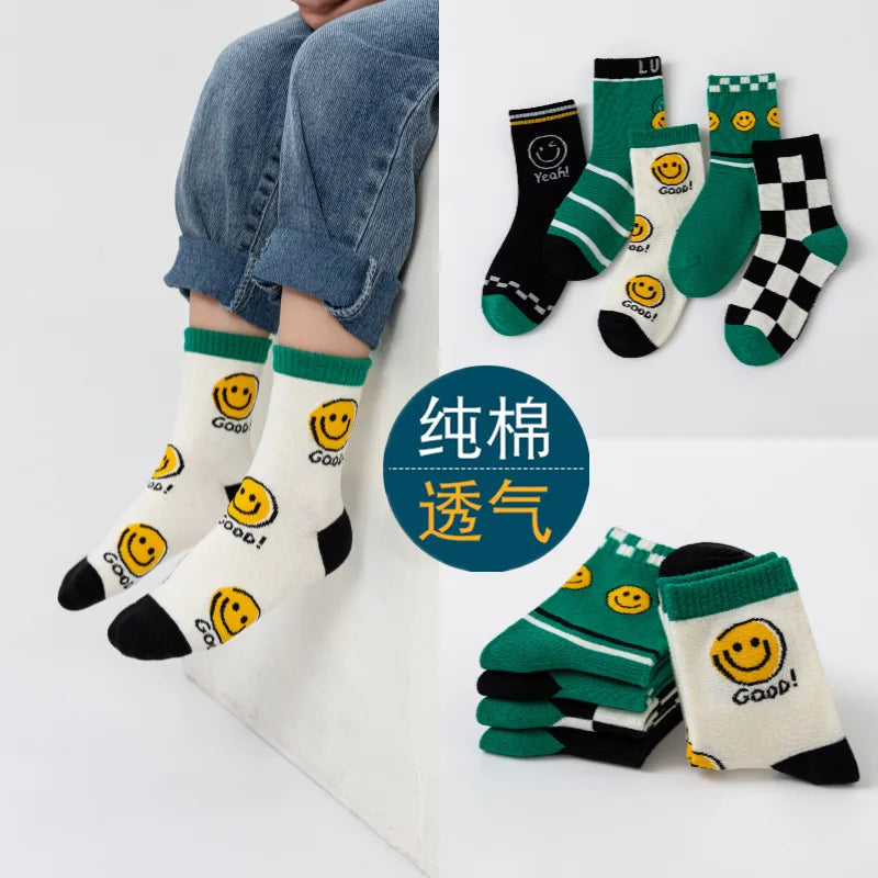 5pairs/Lot Autumn Winter Girls Cotton Socks Child Student Socks Smile Boys New Fashion Multi-Color Warmer Baby Kids Sport Socks