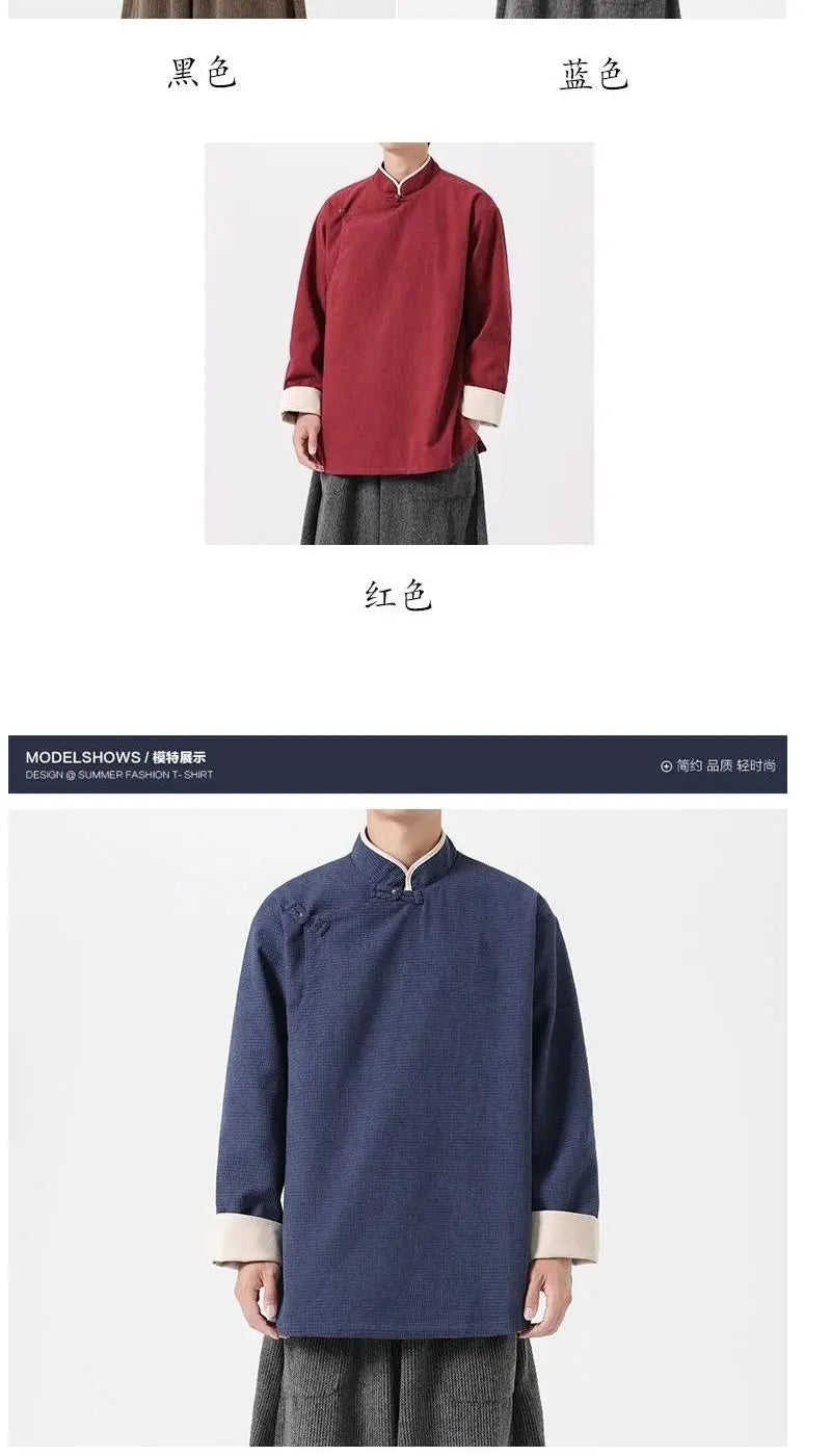 Autumn Winter Chinese Style Blouse Long-sleeved Jacket Men's Chinese Tang Suit Hanfu Lay Buddhist Zen Suit Tea Suit Slanted Top