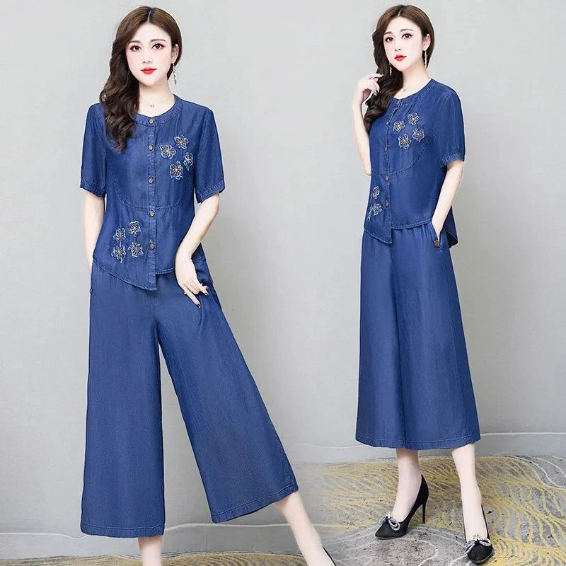 Ethnic Style Denim Wide Leg Pants Sets For Women Spring Summer NEW Embroidery Cowboy Jacket +Jeans Pants Suits Female Outfits