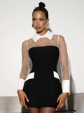Sisterlinda Sexy Dress Women Fashion Mesh Patchwork Color Blocking Trend Turn Down Collar Full Sleeve Elegant Party Club Bodycon