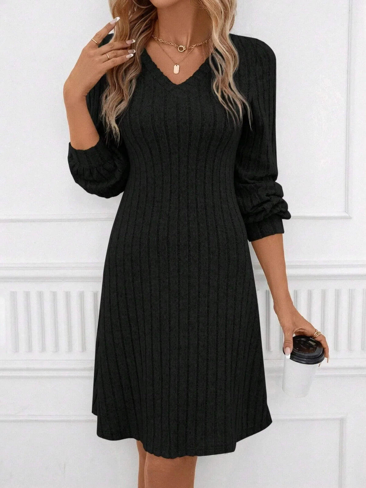 Women's Casual V Neck Pullover Mid Length Brushed Solid Color Mid Waist Ribbed Knit Dress for Women Woman Clothing Clothes