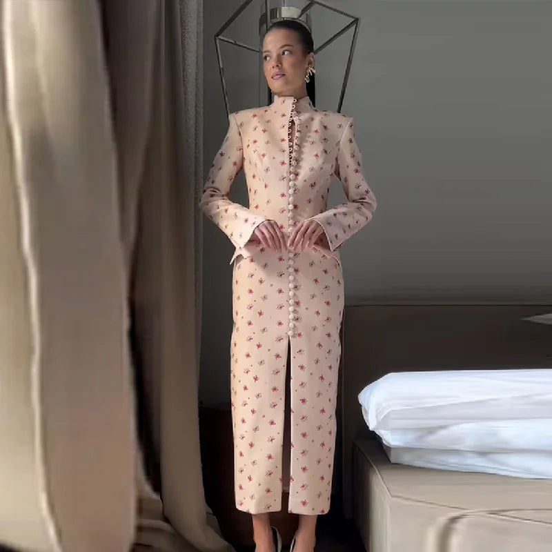 Trendy Floral Print High Neck Midi Dress For Women Chic Long Sleeve Button Front Sheath Dresses Office Party Commuting Clothes