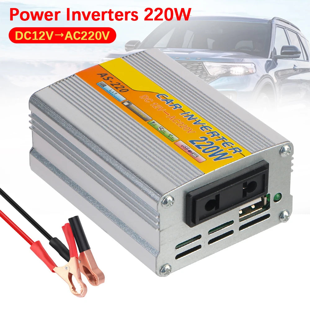 Portable Car 220W Power Inverter  Mounted Solar Inverter USB Voltage Transformer Conversion USB Battery Clip DC 12V To AC 220V