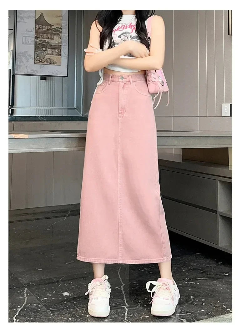 New Summer Women's 100% Cotton Denim Shorts Pink High-waisted Slit Retro Elegant Fashionable Casual Denim Long Skirt Female
