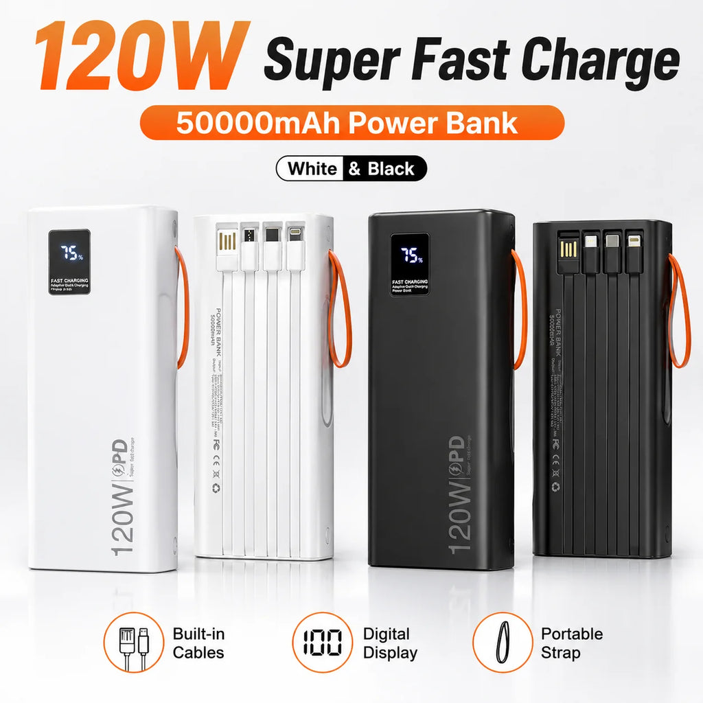 120W PD Power Bank 50000mAh Portable Charger(Built-in Cables), LED Display, Fast Charging Battery for Phone Tablet USB-C Devices