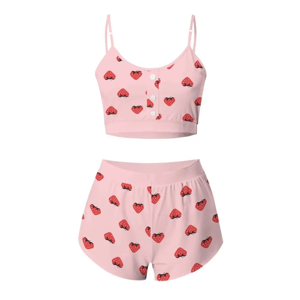 Creative Multiple Print Women Pajama Set Sleeveless Comfortable Sleepwear Set Breathable Suspender Style Pajama Shorts Set