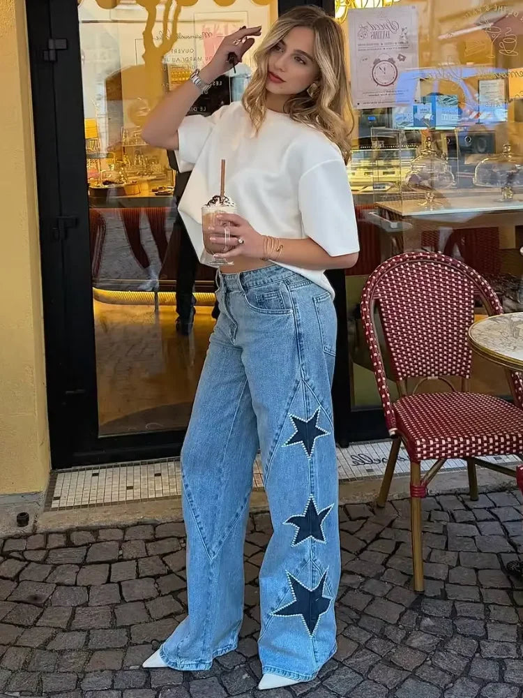 Women Blue Wide Leg Jeans Lady High Waist Star Patchwork Denim Pants Loose Fit Straight Leg Trousers 2026 New Casual Street Wear
