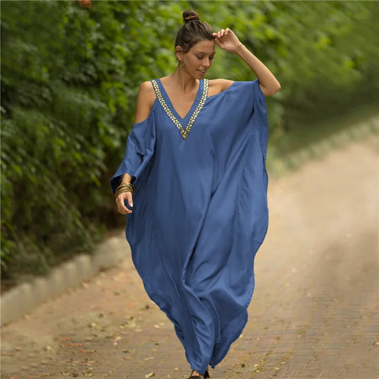 Kaftan Dresses Beach Blouse Solid Cotton Robe Bikini Sunscreen Shirt Loose Dress Women Maxi Dress Beach Wear Summer Vacation