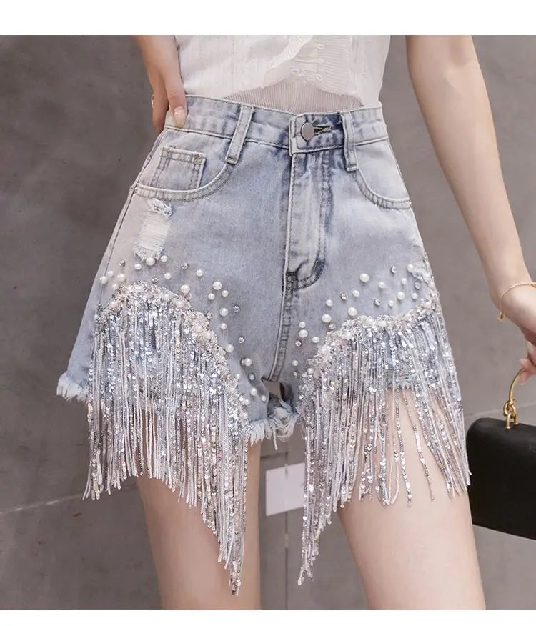 2026 Summer New Personalized Denim Shorts Women's High Waist Diamond Inlaid Heavy Industry sequins Tassel Denim Hot Pants Trendy