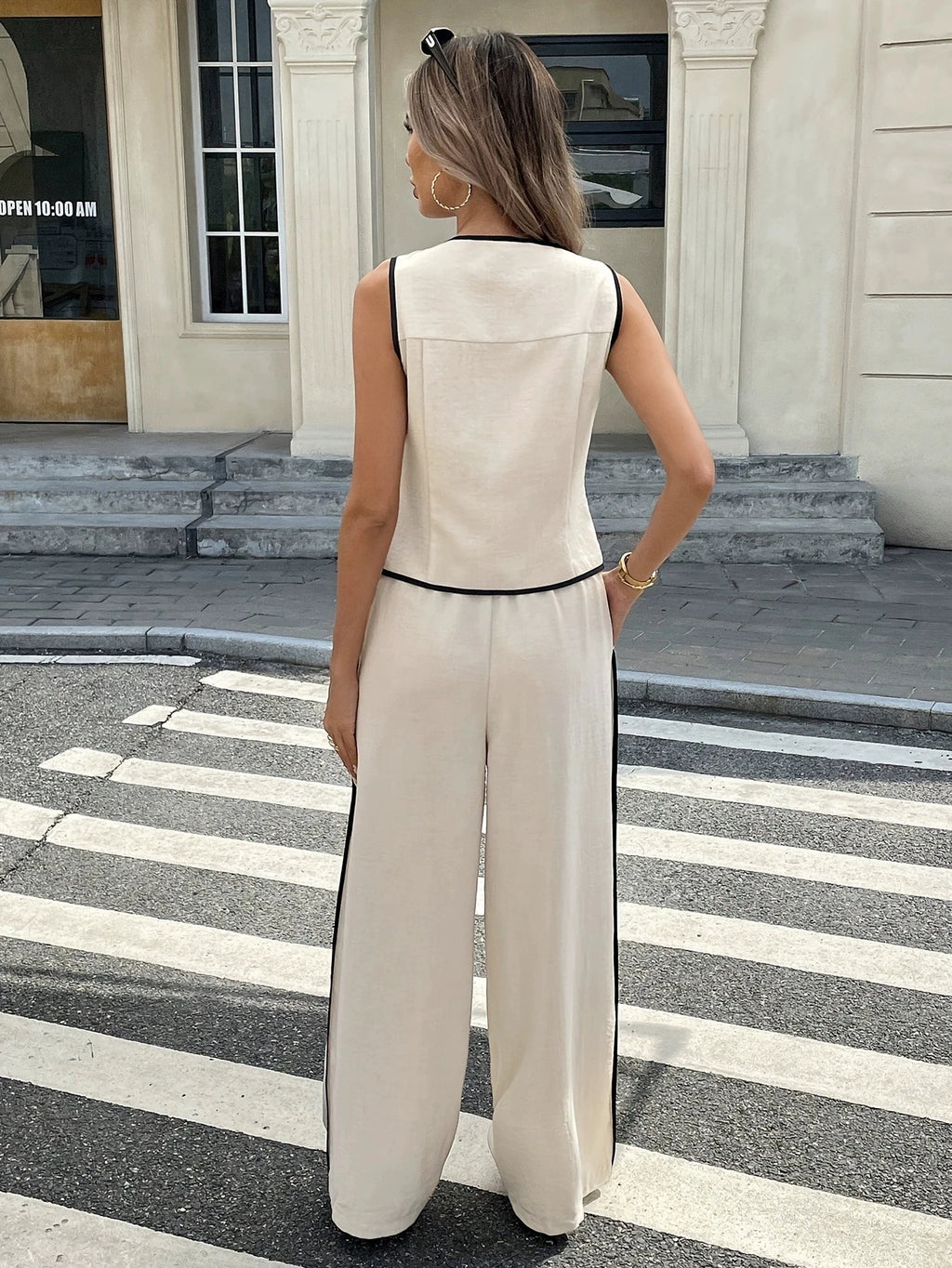 Summer Women Contrast Color Sleeveless Single Breasted Vest + Drawstring Pants Two Peice Set 2025 New women Vest Top + Pant Suit