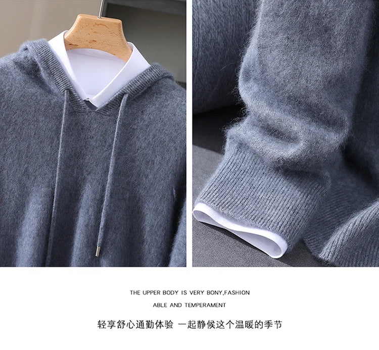 LHZSYY 100% Pure Mink Cashmere Hooded Sweater Men's Hooded Knitted Pullover Business Casual Loose Hoodie Autumn Bottoming Shirt