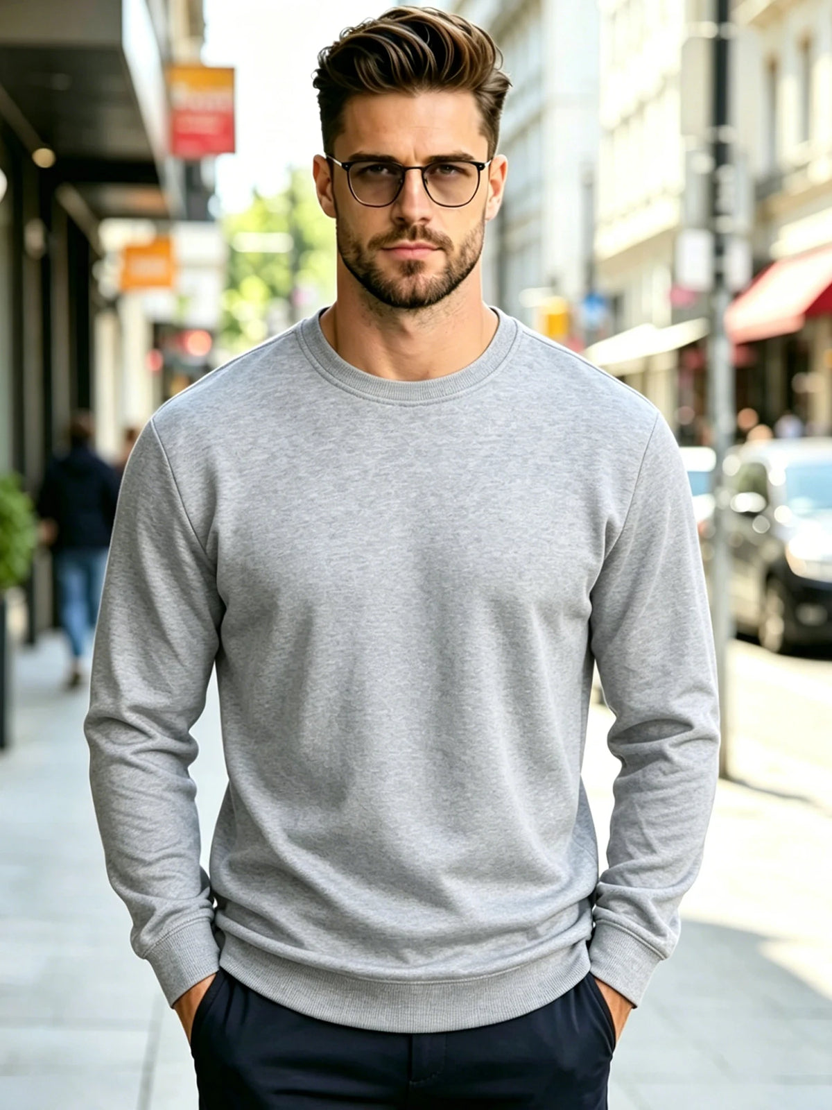 Men Solid Plain Crew Neck Sweatshirt Classic Rib Round Collar Cuffs & Hem Reinforced Waffle Stitching Soft Lightweight Wrinkle