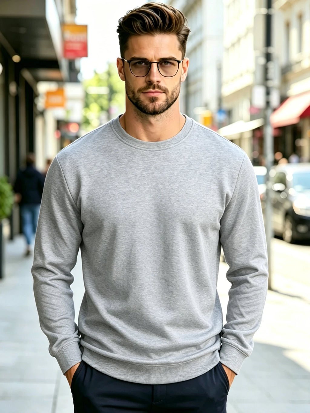 Men Solid Plain Crew Neck Sweatshirt Classic Rib Round Collar Cuffs & Hem Reinforced Waffle Stitching Soft Lightweight Wrinkle