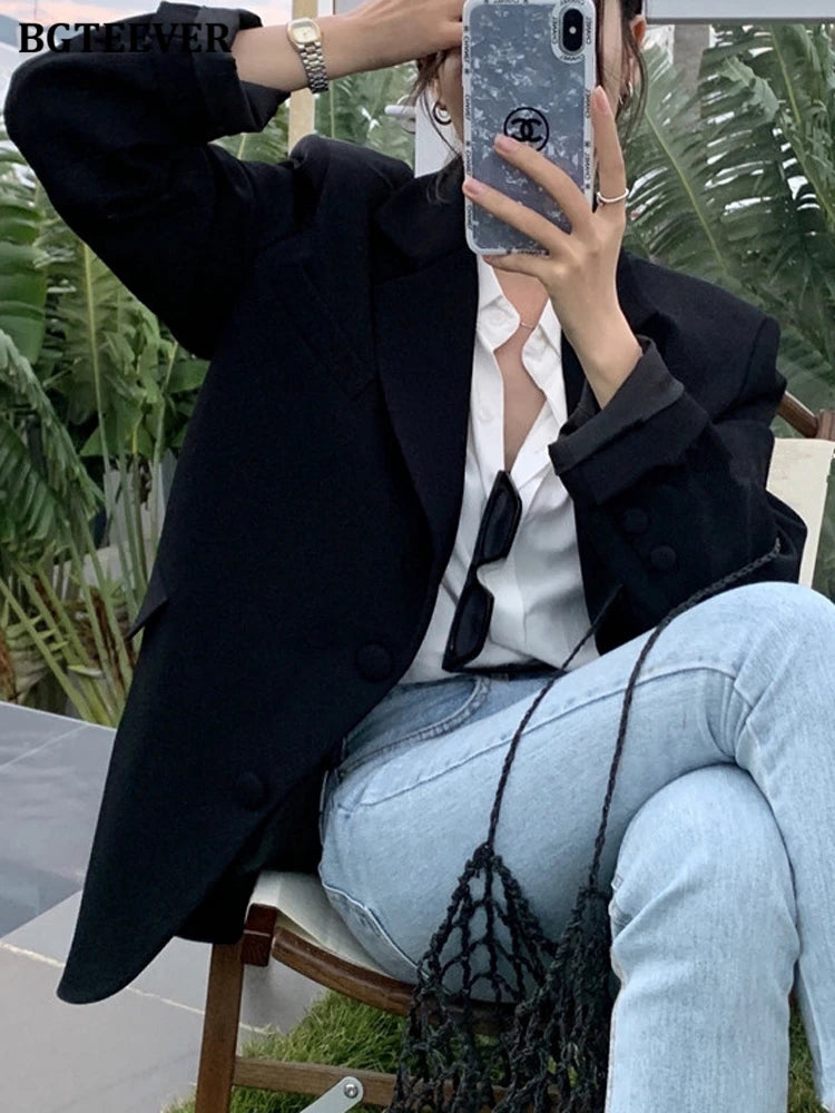 BGTEEVER Casual Loose Lapel Ladies Suit Jackets Full Sleeve Single-breasted Solid Female Blazer Tops Spring Women Outwear