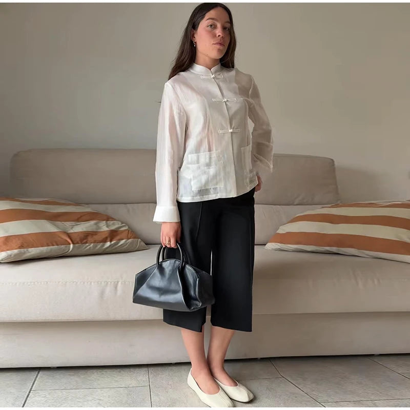 Loose Women's Frog Buttons Mandarin Shirts See Through Stand Collar Full Sleeve Blouses 2026 Summer Lady Cotton Linen Outwear