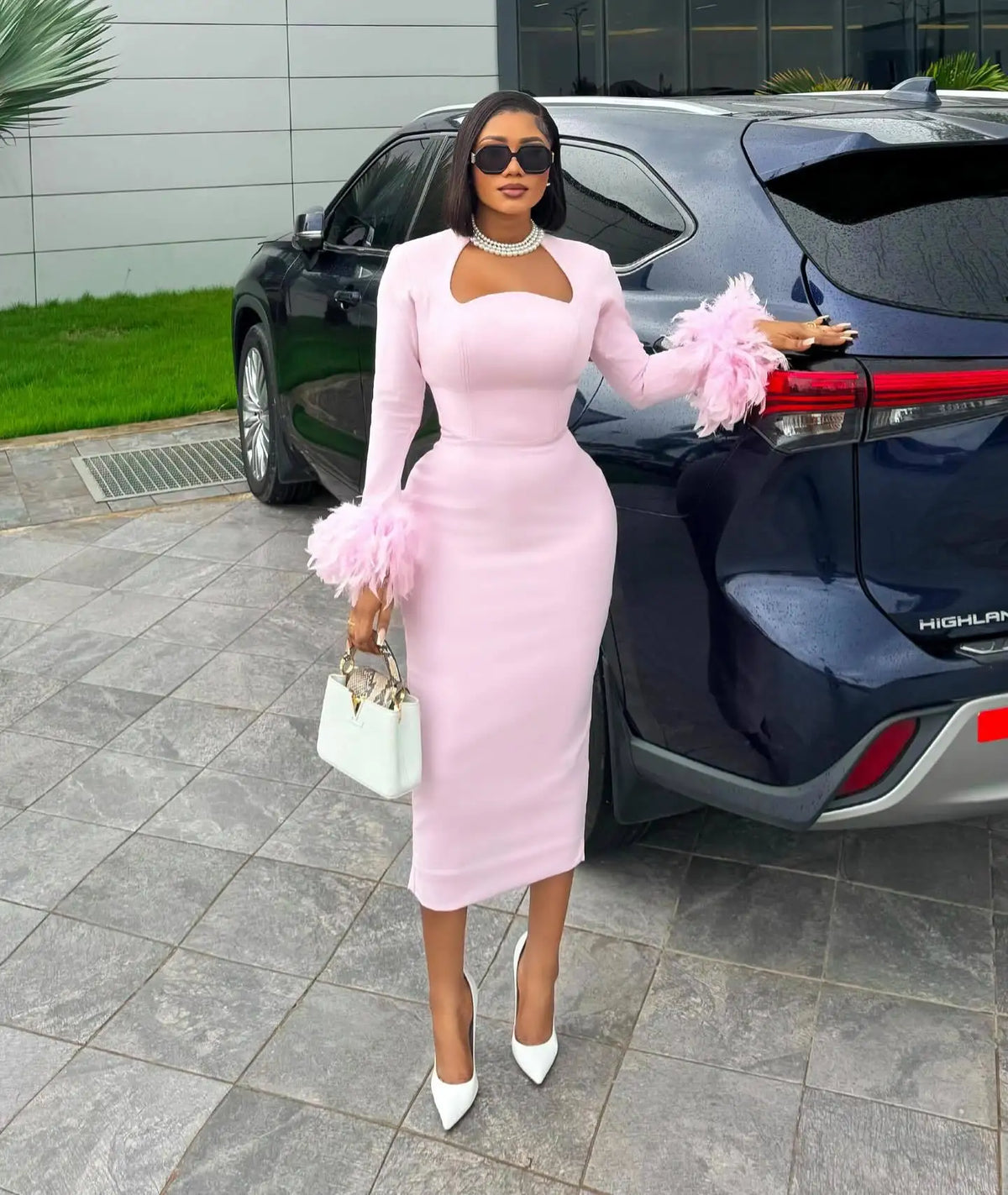 CM.YAYA Women Feather Hem Flare Long Sleeve Bodycon Mid-calf Length Dress 2024 Fall Winter Birthday Vestidos Party Even Dresses
