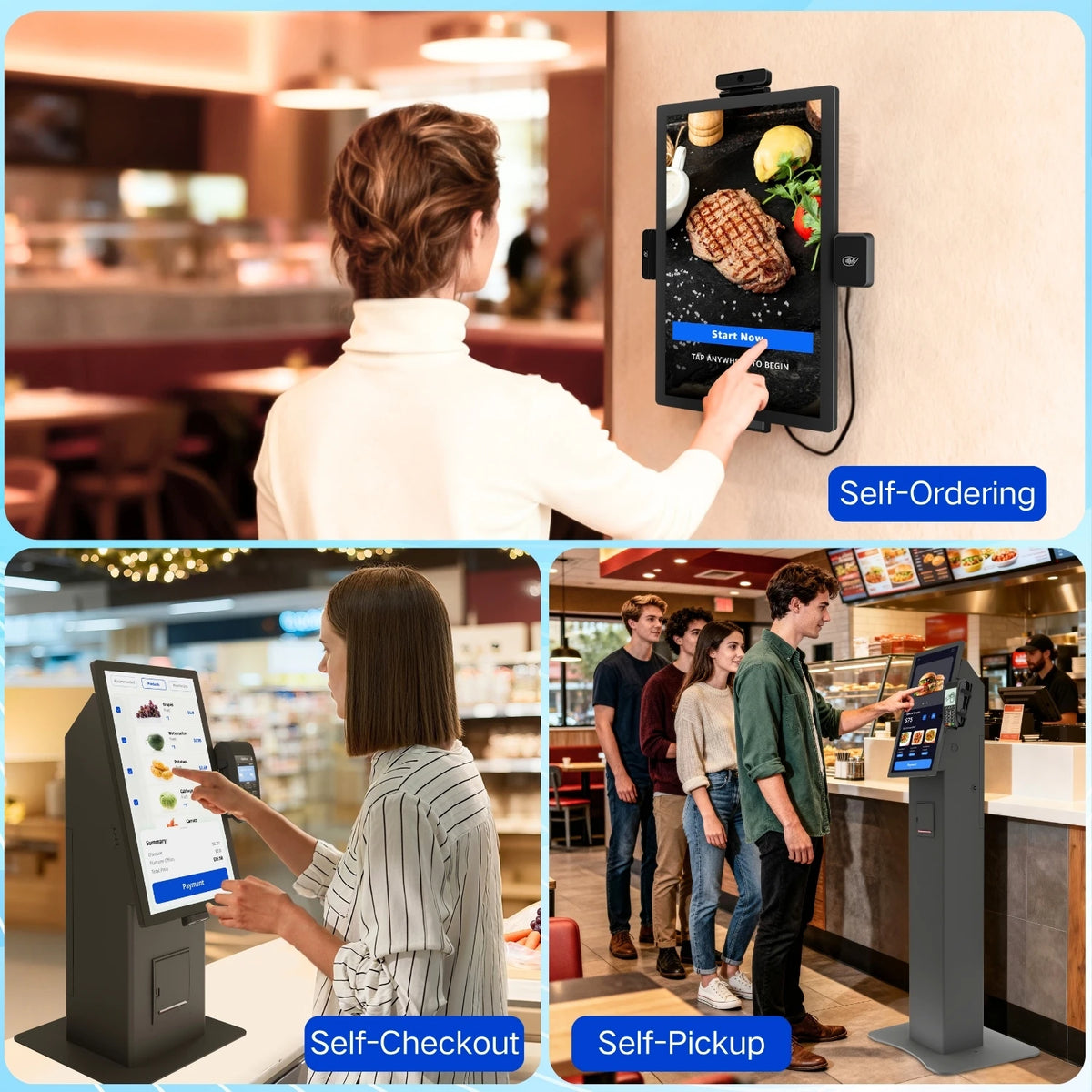 15 Inch Wall Mount Payment Kiosks Burger Shop POE Power Supply QR Code Scanner Android OS
