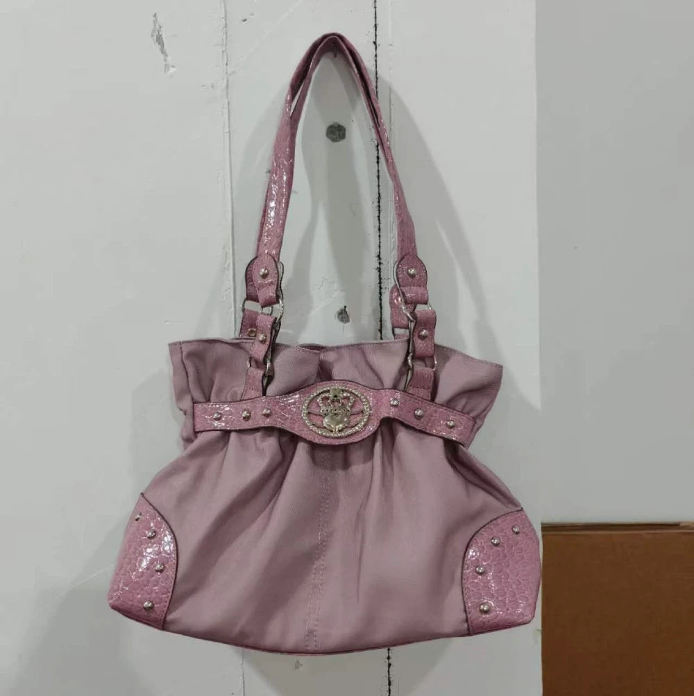 Luxury Women Rivet Handbag,Y2k Girls Metal Studded Underarm Shoulder Bag,Niche Belt Buckle Commuter Chic East-West Tote Bag