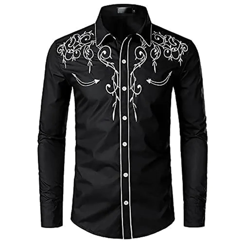 2023 New Men's Western Printed Long-Sleeved Lapel Single-Breasted Shirt Casual Social Men's Club Street Clothing