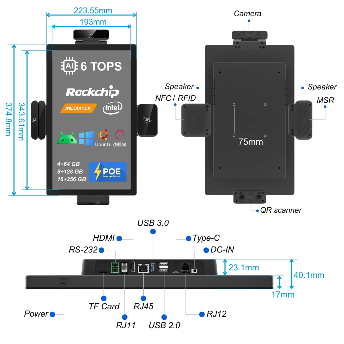 15 Inch Wall Mount Payment Kiosks Burger Shop POE Power Supply QR Code Scanner Android OS
