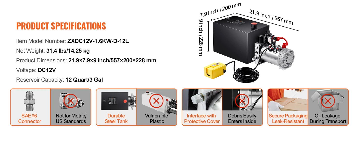 SucceBuy Hydraulic Pump 4-20 Quart Dump Trailer Pump Single Acting Dump Trailer Pump DC 12V Hydraulic Power Unit for Car Lifting
