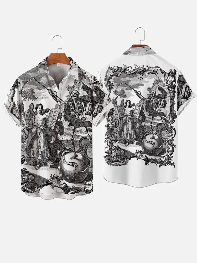 Men's Vintage Mermaid Print Shirts Boat Anchor Print Button Shirts Summer Ocean Element Shirts Men's Hawaiian Leisure Shirts