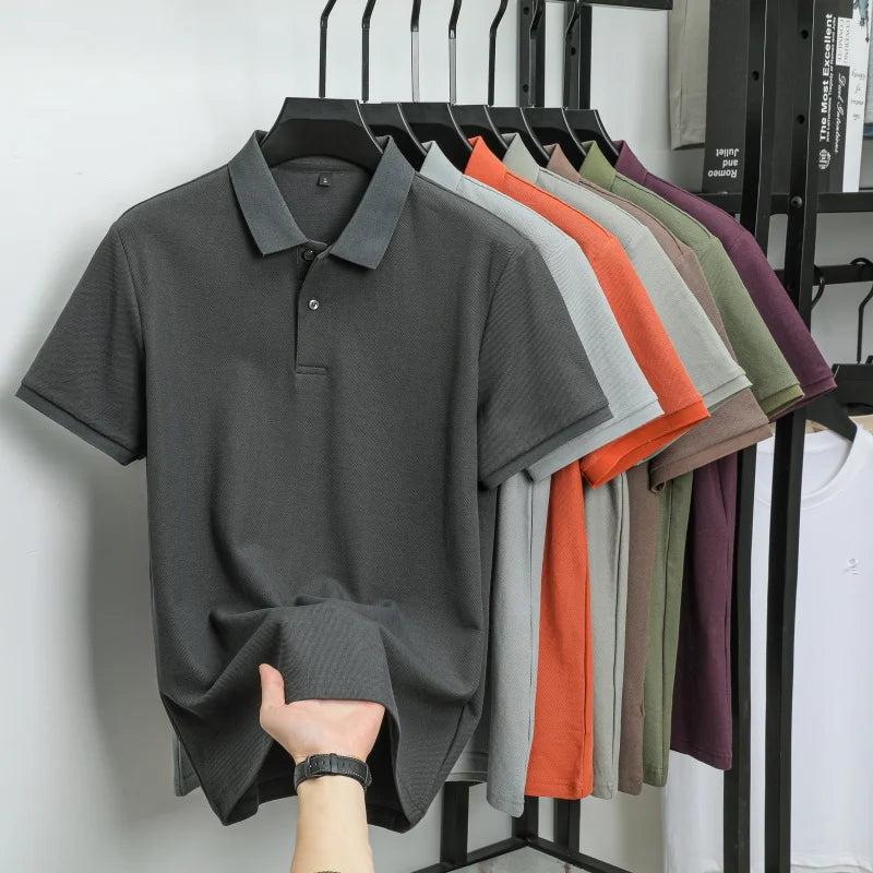100% Pure Cotton Boutique Short-Sleeved High-End Men's Polo Shirt Summer High-Quality Solid Color Tops Business Casual T-Shirt