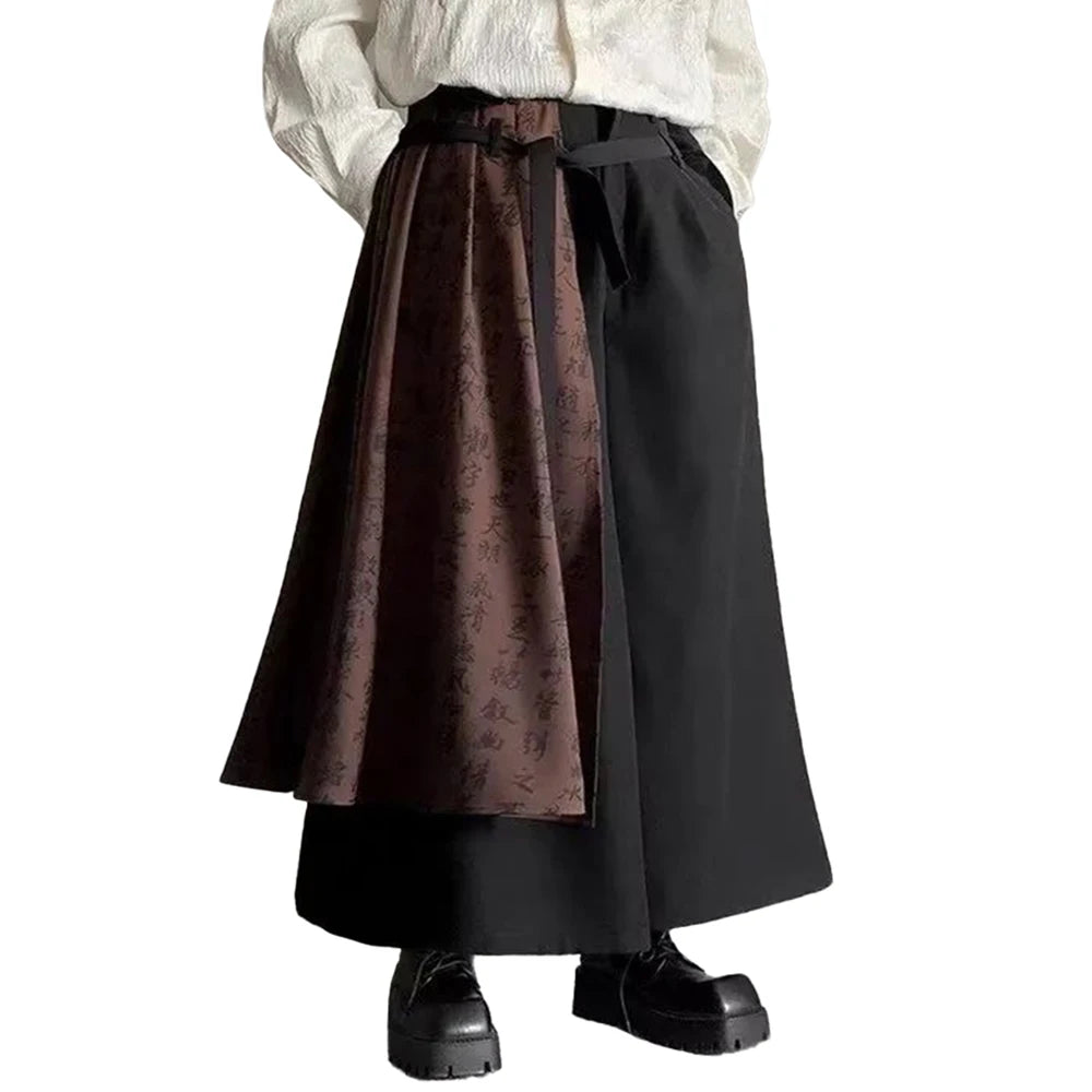 2026 Autumn Winter Mens Double Layer Chinese Calligraphy Splicing Irregular Culottes  Genderless Waist Strap Loose Wide Leg Pant