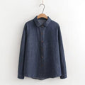 Mori kei denim blouses women spring autumn Japanese peter pan collar blue solid denim shirts casual jean basic shirts
