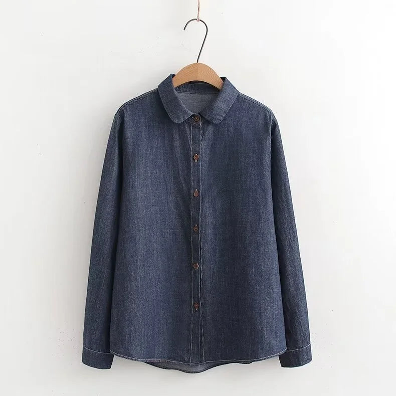 Mori kei denim blouses women spring autumn Japanese peter pan collar blue solid denim shirts casual jean basic shirts