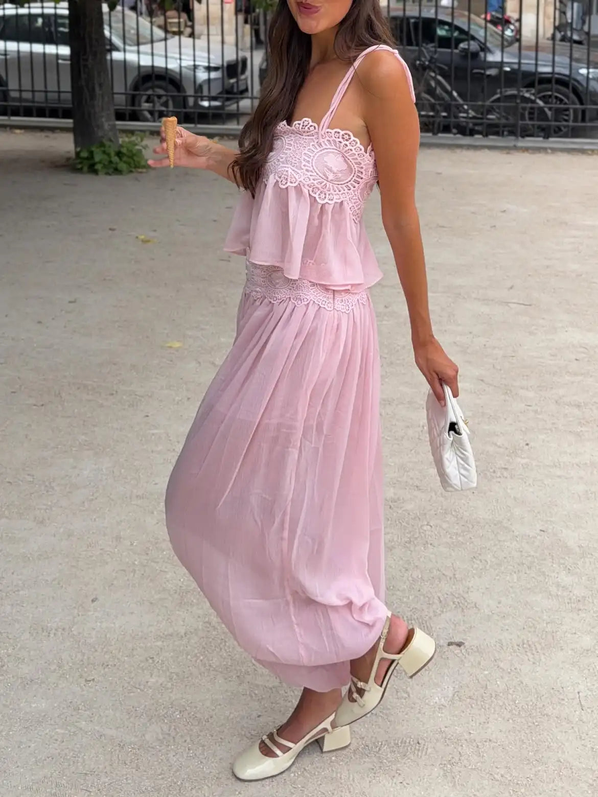 Women Pink Lace Double Strap Crop Top Two Piece Set Boho Sleeveless Flowy Matching Outfit 2026 Seaside Vacation Casual Outfits