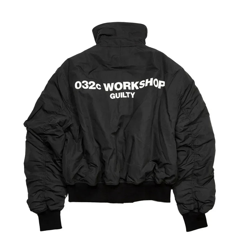 032C black silhouette short wide bomber zip multi pocket jacket